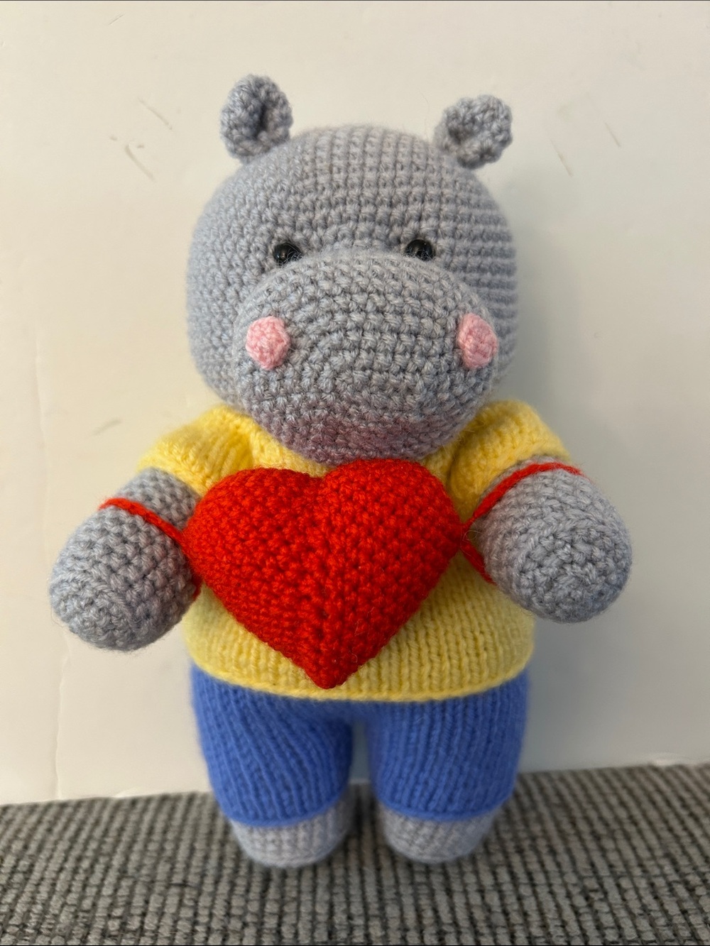 Grey Hippo Plush Toy with Red Heart NEW collectible crochet hippo decor handmade